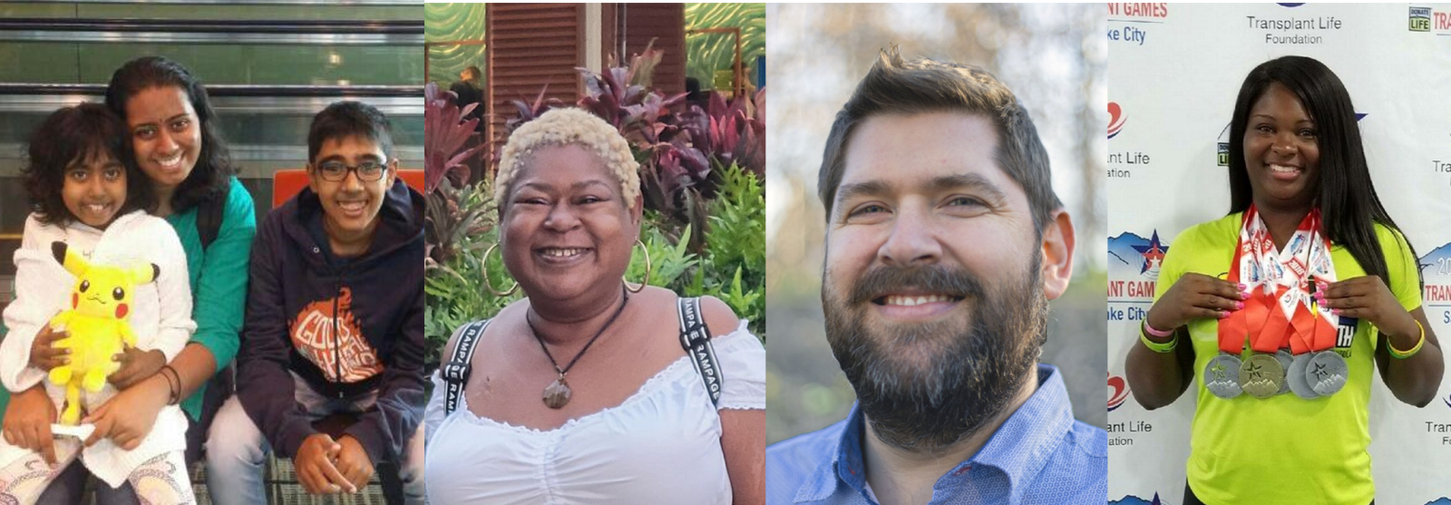 Four smiling kidney patients, enjoying their lives and achievements.